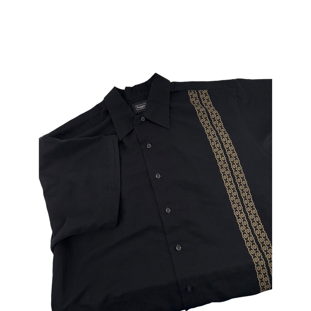 Haggar‎ Mens M Black Short Sleeve Performance Button Up Camp Shirt Retro Stripe